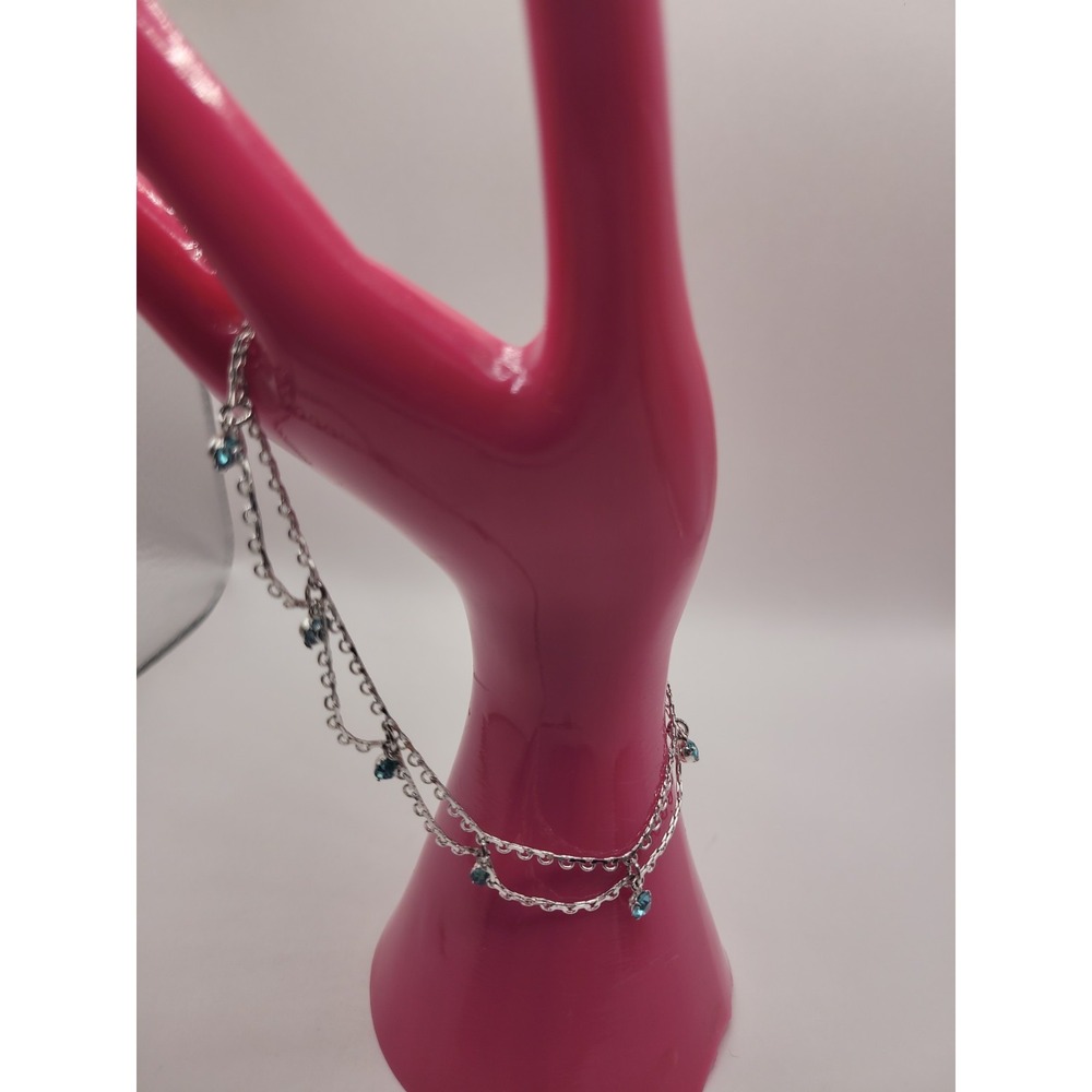 Avon Silver Tone Multi Strand Blue Bead Dangle Anklet Bracelet Adjustable